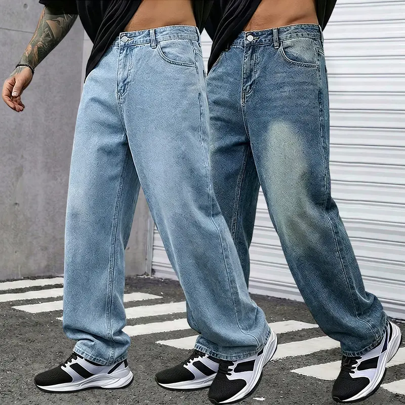 Men’s trendy loose straight-leg jeans, American vintage high-street casual long pants with a curved hem, original color washed finish, durable and wear-resistant, versatile basic for all seasons, ideal as a holiday gift (pack of 2). men bootcut, Denim, Me