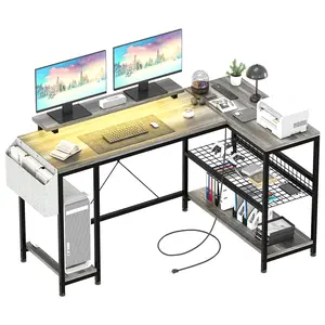 L Shaped Desk, Computer Gaming Desk with Power Outlet & Led Light, Reversible Corner Desk with Monitor Stand & Storage Shelves, Storage Bag for Home Office