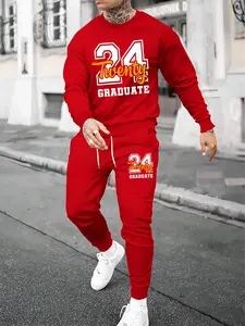 Fashionable and personalized two-piece men's set with long sleeves and pants printed with "size 24 graduation hoodie" for daily casual wear, simple round neck long sleeves for spring and autumn wear, two-piece printed men's fashionable sportswear