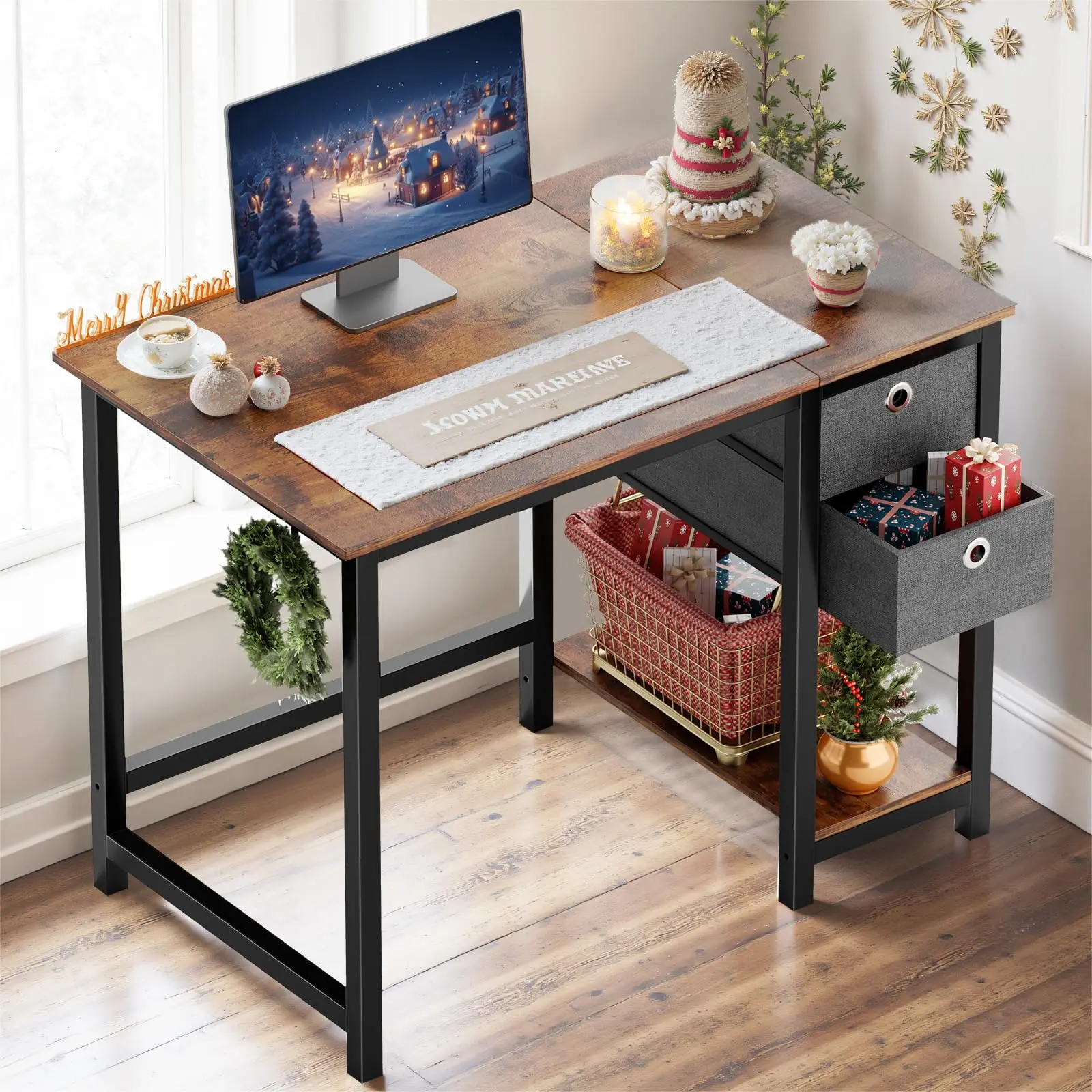 40 Inch Computer Desk with Drawers for Home Office, Writing Desk with X-Shaped Reinforcement, Wood Table with Adjustable Position Drawers, Study Work Table with Side Hook, Rustic Brown