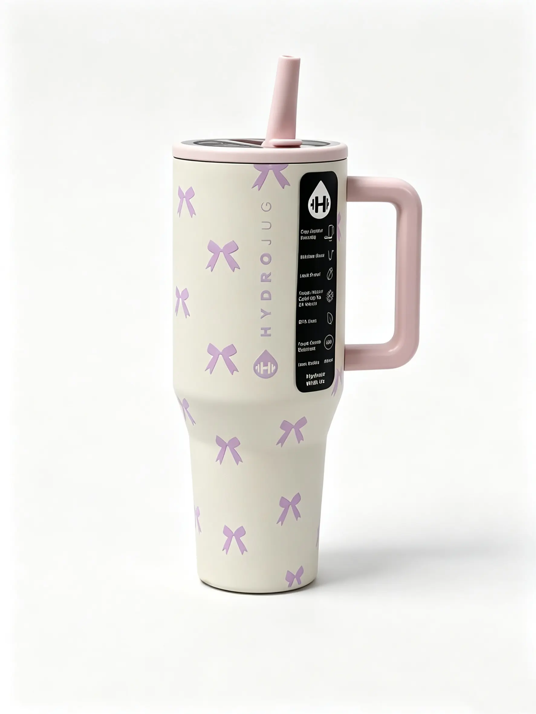 HydroJug Traveler 40 oz Lavender Bow Print Insulated Stainless Steel Flask - Portable Leak-Proof Water Bottle with Handle, Flip Straw, Cup Holder-Fit, Rubber Base - Reusable Kitchenware Drinkware Gift for Women for Daily Use