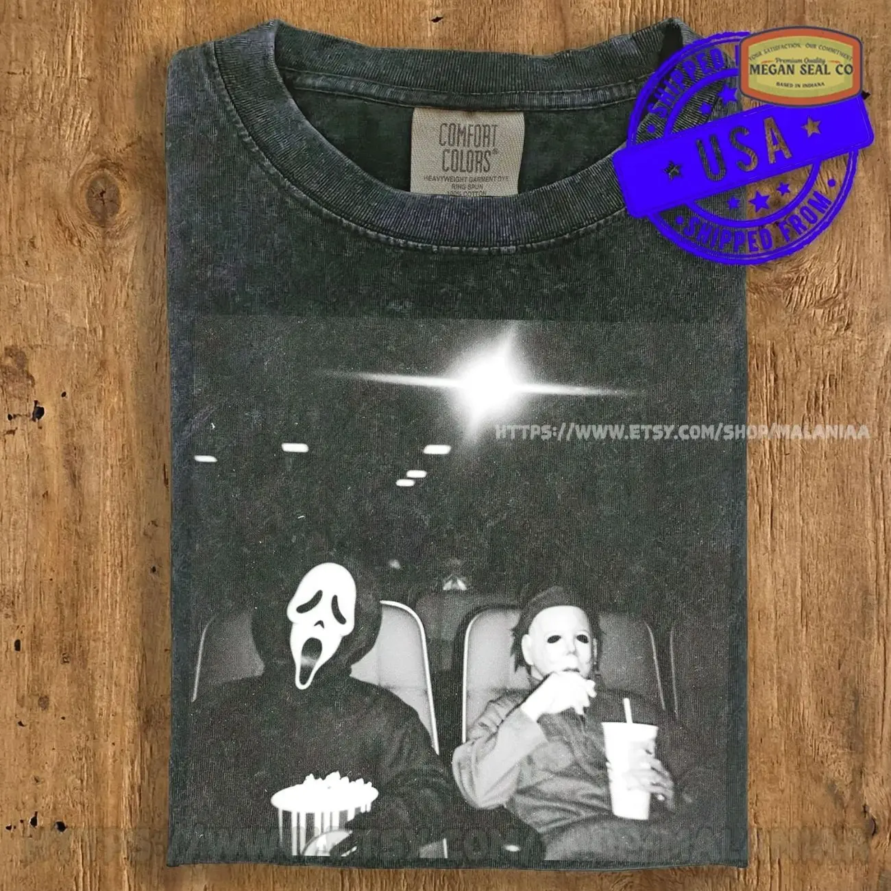 Comfort Colors® Ghost and Myers Movie Theater Shirt, Retro Slasher Horror Tee, Halloween Comfort Colors T-Shirt, Spooky Season Graphic Tee Unisex Womenswear Graphic Tops Q72