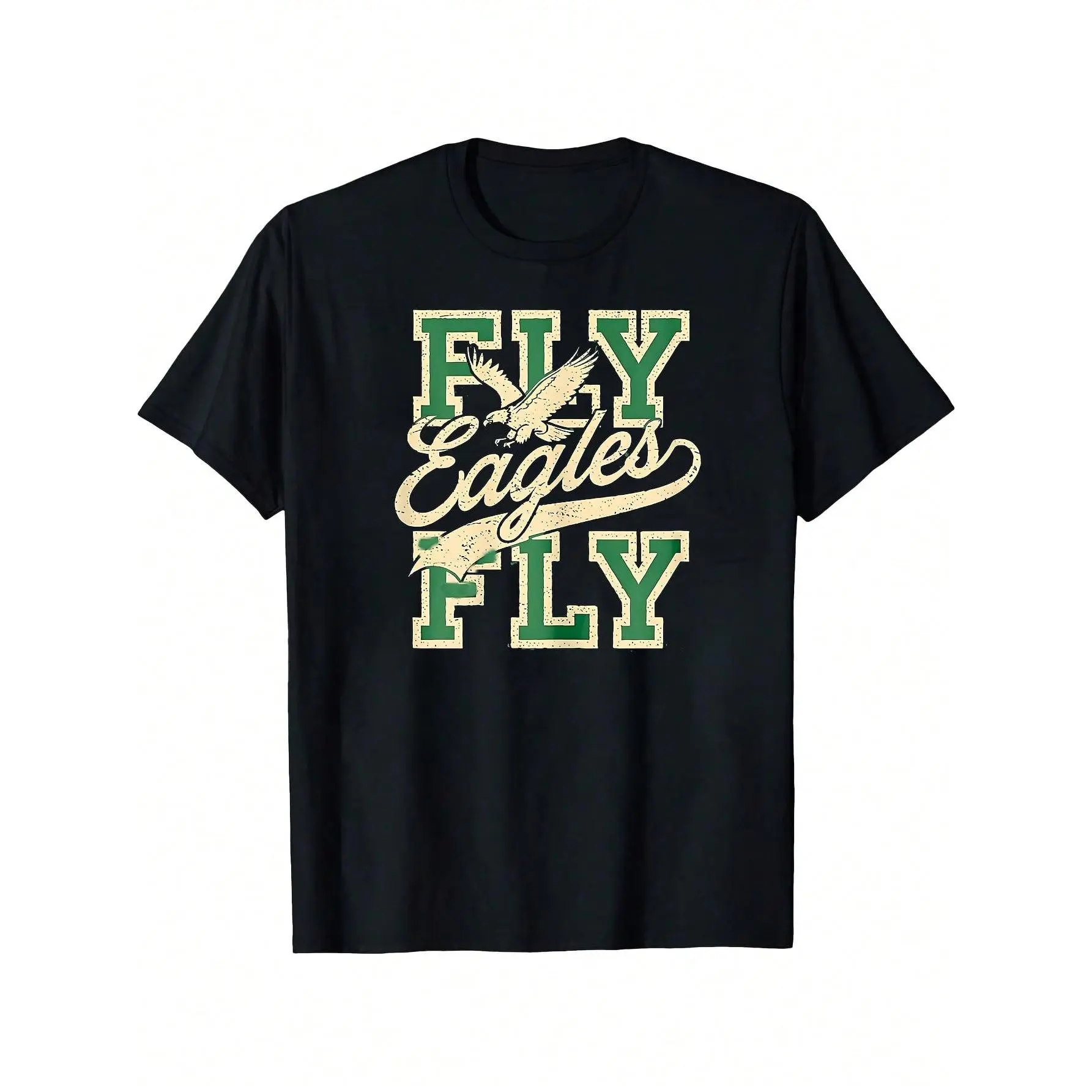 CASUALPRIME Men's Cotton Fabric Short-Sleeve Round Neck Pullover Tshirt - Vintage Eagles Football Print, Relaxed Fit Ribbed Streetwear Top for Sports Lovers, Summer Casual Wear