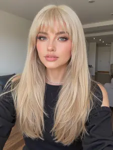 24 Inch Light Blonde Straight Wig with Bangs, Synthetic Fiber Wig, Elegant Women's Fashion Hairpiece, Easy Style for Daily Wear & Special Occasions