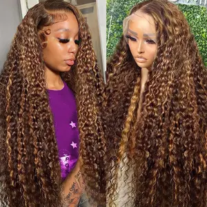 Honey Blonde Ombre Highlight 13x6 Deep Wave Lace Front Wigs Human Hair 180 Density 13x6 HD Full Frontal Lace Frontal Wigs Pre Plucked 4/27 Colored Curly Human Hair Wig for Women