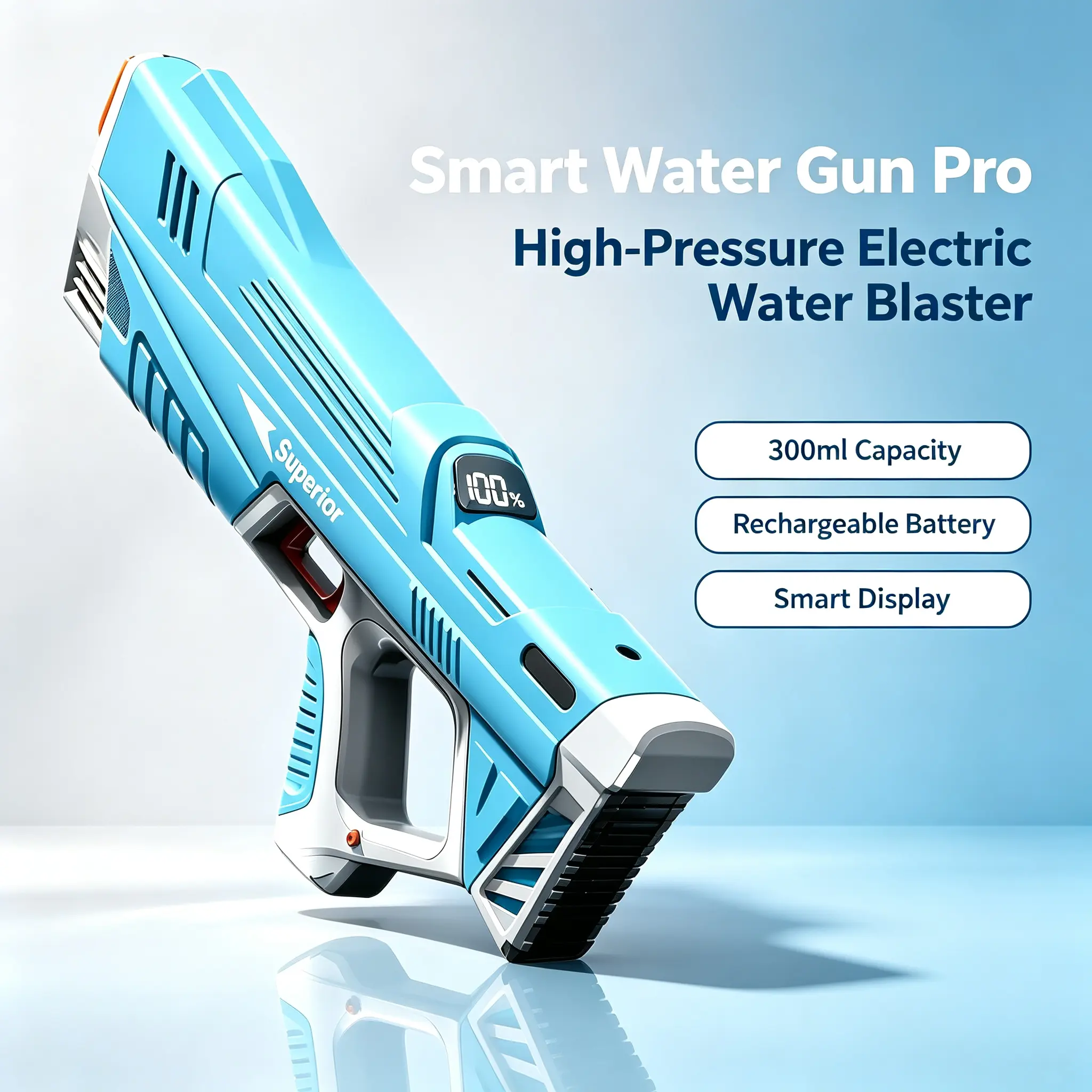 Electric Water Blaster, 300ml Large Capacity Rechargeable Water Gun with Smart Digital Display, Automatic Summer Squirt Toy for Pool Beach Backyard Water Fight, Kids & Adults