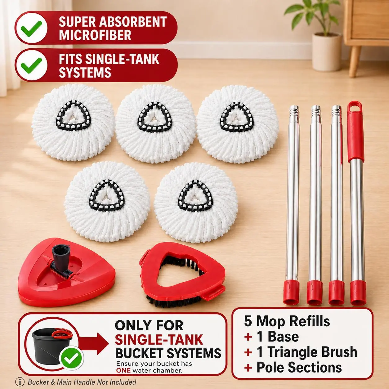 Triangular Microfiber Pivoting Spin Mop Replacement Head & Handle Kit, 4-Section Stainless Steel, 57.1in Easy-Install Hard Floor Mop Set Compatible with 1-Tank System for Corners & Edges