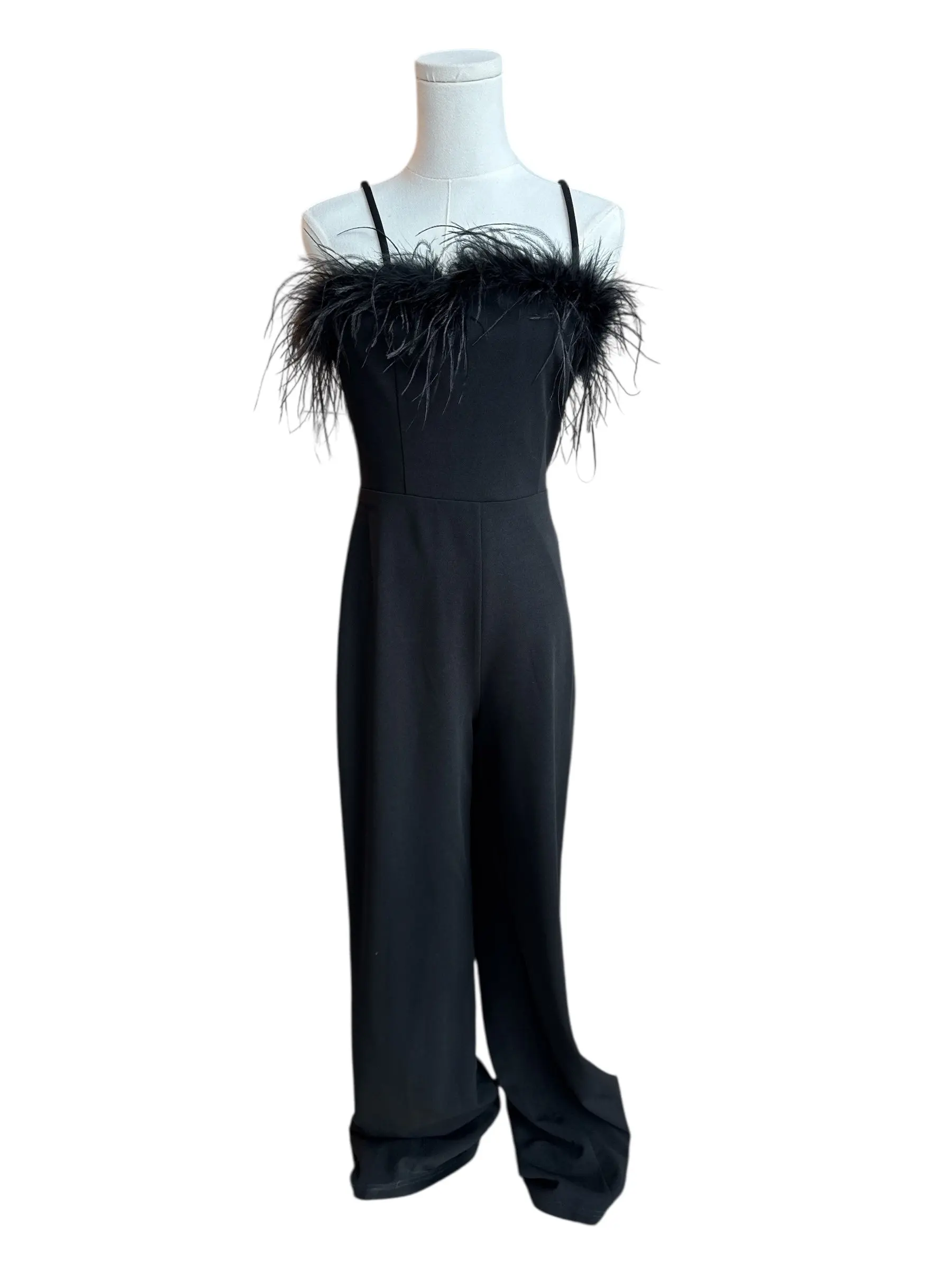 TD7 Black jumpsuit with feather trim size small
