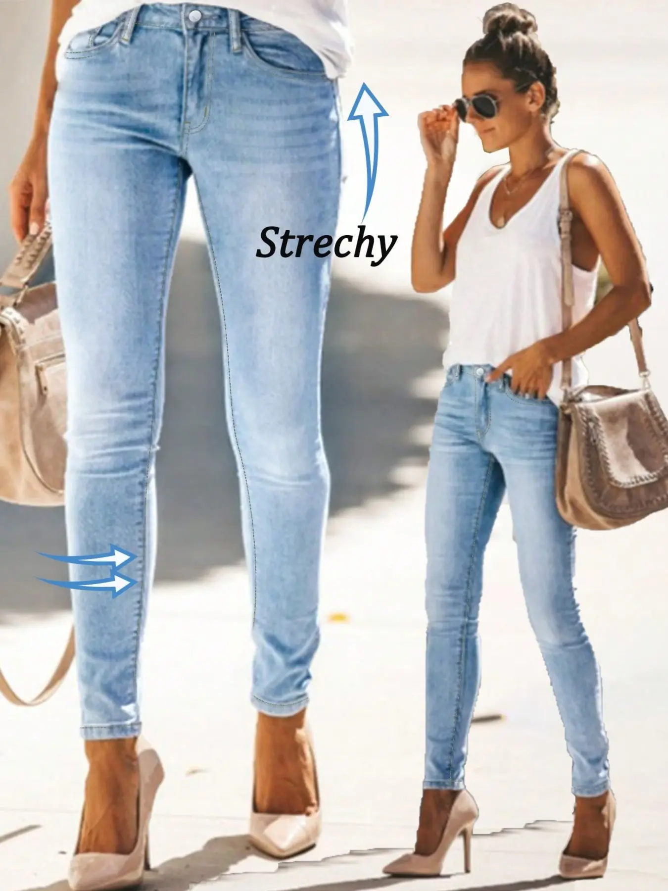 Women's High-Waisted Light Wash Denim Woven Jeans, Slim Fitted Ankle-Length Pants, Elegant, Stretchy & Comfortable, Perfect for Casual Outings, All-Season Wear