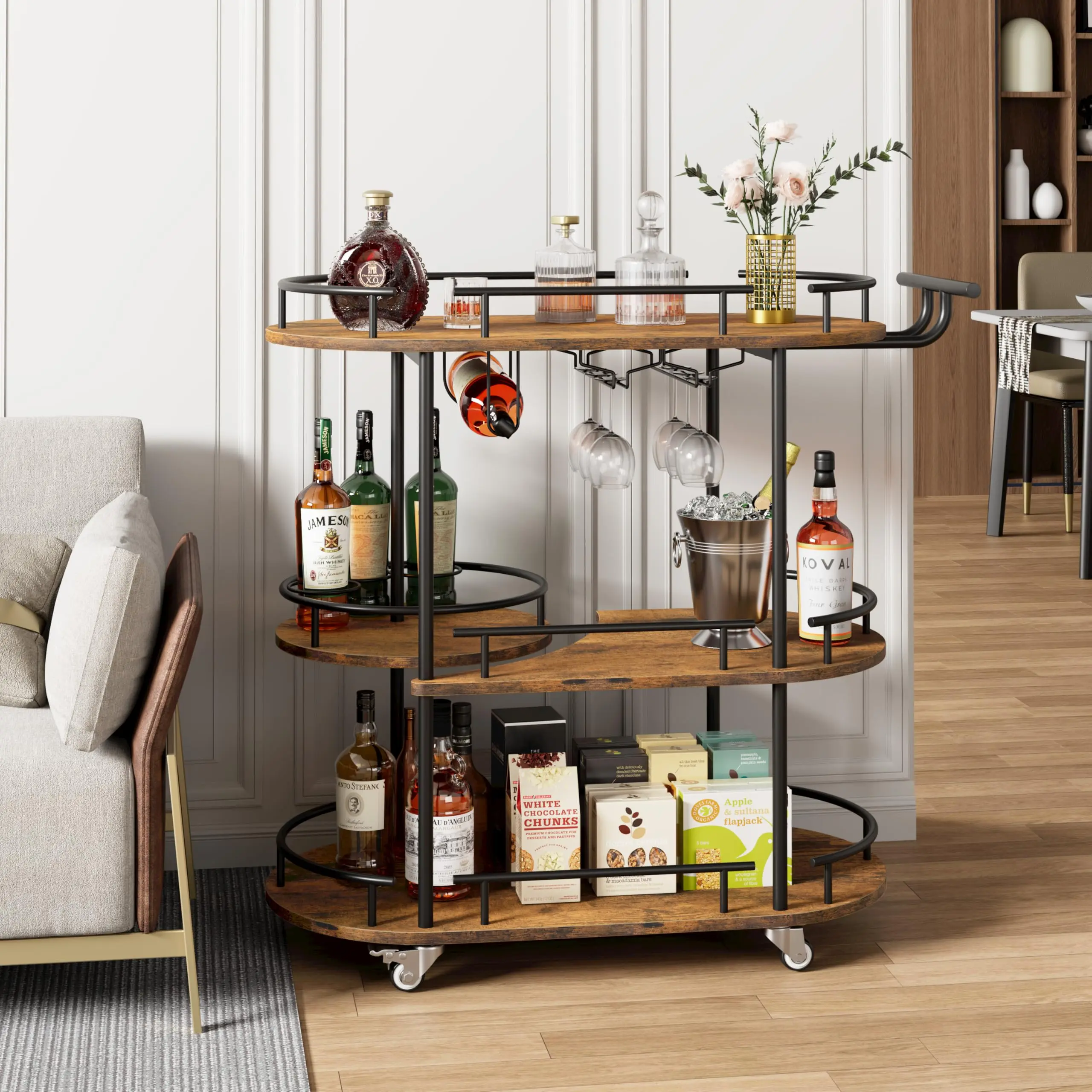 Sturdy Heavy Duty Metal Frame Bar Cart with 4 Shelves - Locking Wheels, Wine Rack, Glass Holder, Board Finish Marble Organiser, Easy Setup Serving Trolley for Kitchen, Home Bar Any Occasion Indoor Furniture Cupboard
