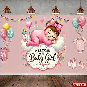 2D Flat Banner, 1pc Sweet Dreams Baby Girl Welcome Banner - Durable Polyester Party Backdrop with Pink Balloons, Heart Decorations, and "Welcome Baby Girl" Text - Ideal for Baby Shower, Gender Reveal, Birthday, Party Decorations Banners