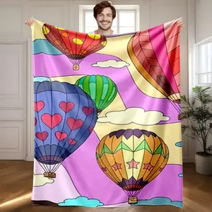1 piece Colorful hot air balloons flying in the sky pattern themed flannel blanket - Modern-style flannel blanket, super soft and warm, suitable for sofas, beds and chairs, all-season multi-purpose use, machine-washable digital printing, 100%