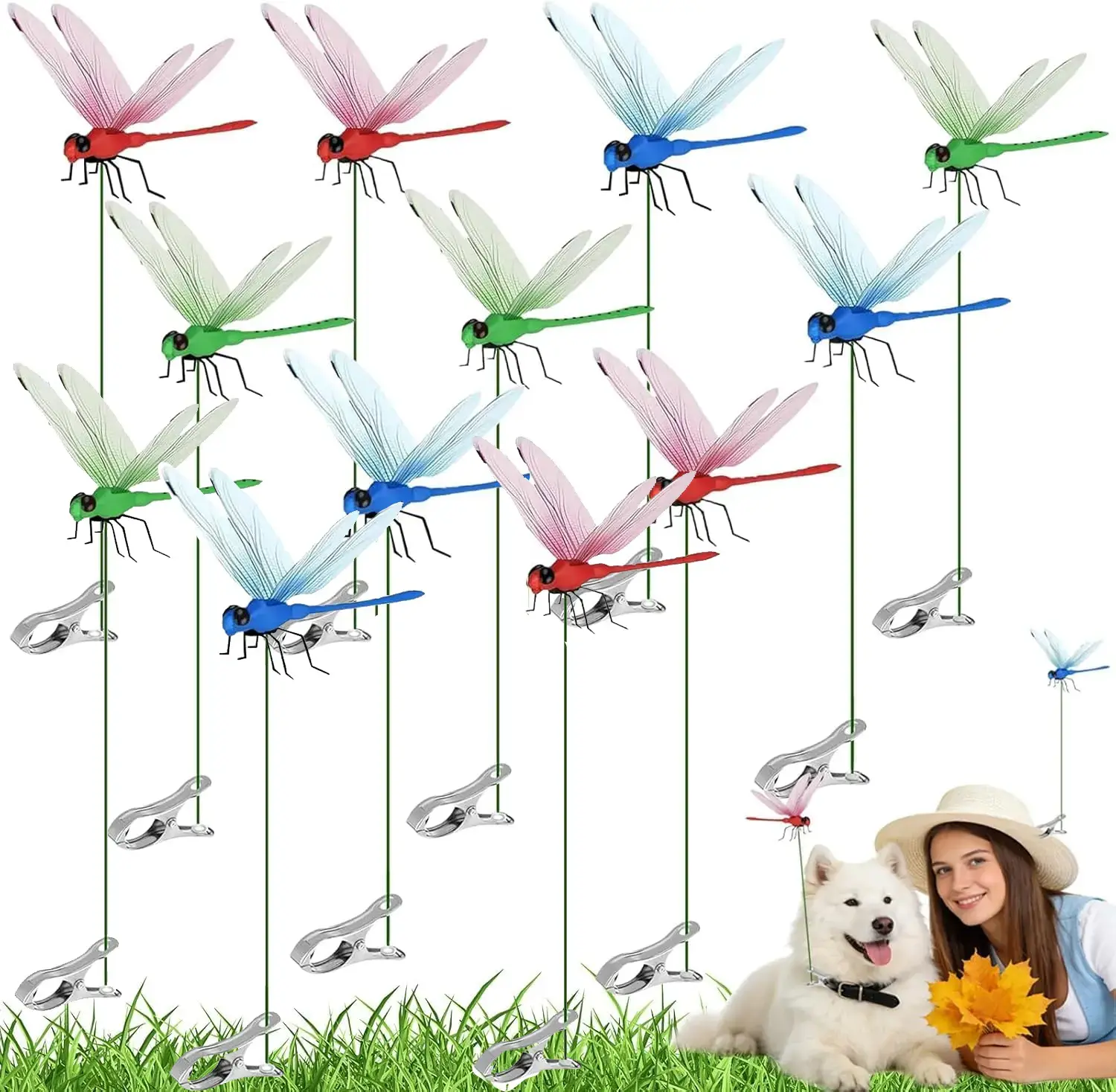 12 PCS Plastic Fake Dragonfly Clips - Bug Repellent Fly Scare Devices, Garden Stakes Decor, Hat & Horse Accessories, Indoor/Outdoor Ornaments