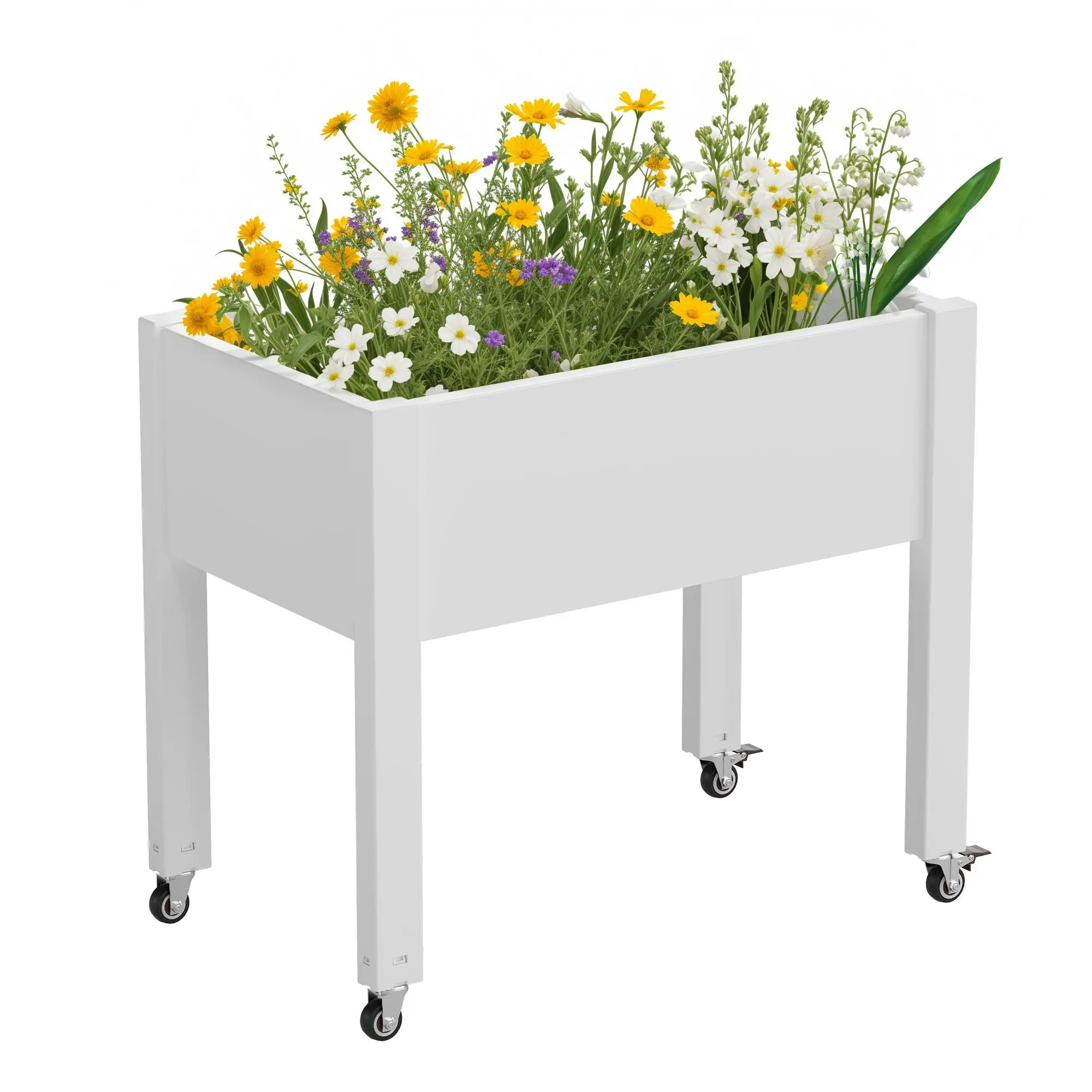 Raised Garden Bed with Wheels, Elevated Outdoor Resin Planter Box with Drainage for Vegetables, Flowers & Herbs