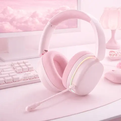 AULA G7 Pro Pink Over-Ear Wireless Electronic Headphones with Mic - 7.1 Surround Sound, Ultra-Low Latency, RGB Lighting, Active Noise Cancelling, Dual Mode Bluetooth, Type-C, PC Accessories, Gamer Stuff, Geek Gift for Mobile Use