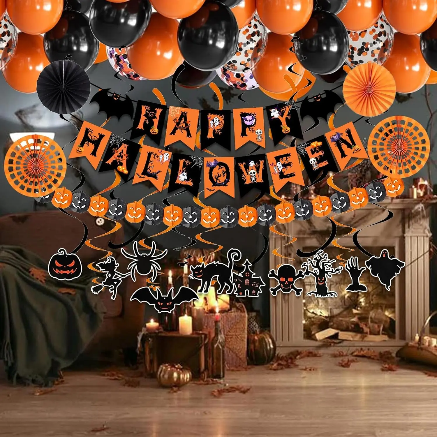 Happy Halloween Party Decorations Kit | Trick or Treat Banner, Paper Fans, Balloons, Swirl Streamers, Pumpkin, Ghost & Bat Halloween Decor