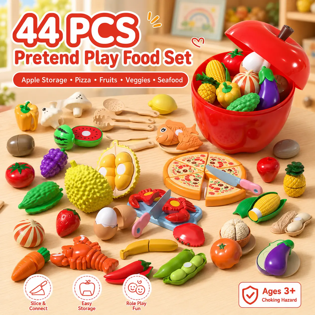 AIBEIQITOY Kids Pretend Cooking Set, 44 Pieces Realistic Cutting Toy Food with 6-Slice Pizza, Fruits, Vegetables & Seafood, Satisfying ASMR Sensory Play Kitchen Accessories with Storage Basket for Toddlers Ages 3+ (24PCS/55PCS Sets Available), Kids Toys