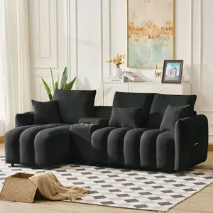 91.7" Premium Teddy Fabric Sectional Sofa, Modern Cloud Couch with Storage Console, Cup Holders & USB Ports, 3-Seater Living Room Furniture, Black