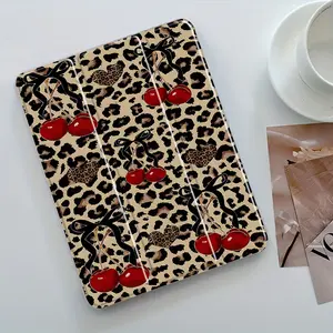 Classic leopard print cherry black bow heart print tablet case, with pen slot, supports auto wake/sleep function, suitable for iPad 10th/11th/9th generation, Mini, Air 4th generation, and 8th/7th/6th/5th generation Pro, stylish and playful design, a gift