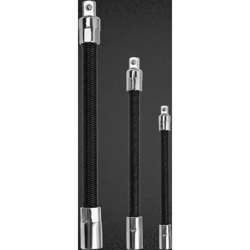 3-Piece Chrome-Vanadium Steel Flexible Extension Bar Set - 10in,8in,6in Lengths - 1/2in,1/4in,3/8in Socket Adapters - Heavy-Duty Wound Spring-Steel, Knurled Grip Surface, Multi-Size, Universal Fit for Automotive Hand Tools, Equipment Maintenance