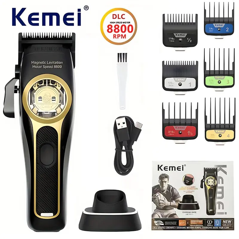 Kemei Professional Cordless High-End Hair Clipper Haircut Machine Cordless Hair Cutting with Magnetic Levitation Motor 8800rpm, Rechargeable Base, Km-2373 for Men Hair Clippers
