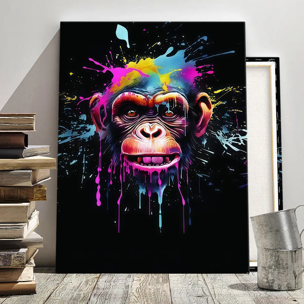 Wooden Frame Canvas Poster, Vibrant Ink Splatter Gorilla Art, Modern Abstract Art, Modern Home Decor, Living Room Wall Art, Bedroom Decoration, Wall Art Painting, Waterproof High Definition, Decorative Artwork, Modern Abstract Design