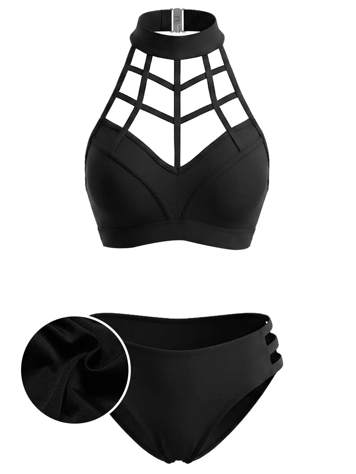 Black 1970s Caged Halter Gothic Cutout Bikini Set