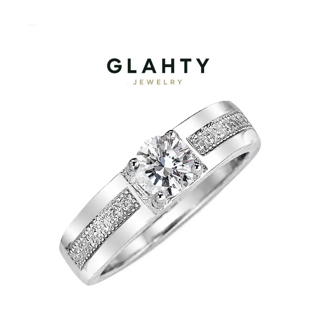 S925 Sterling Silver Moissanite Square Cut Men's Ring, Platinum Plated Closed Band Beaded Edge Wedding Couple Ring