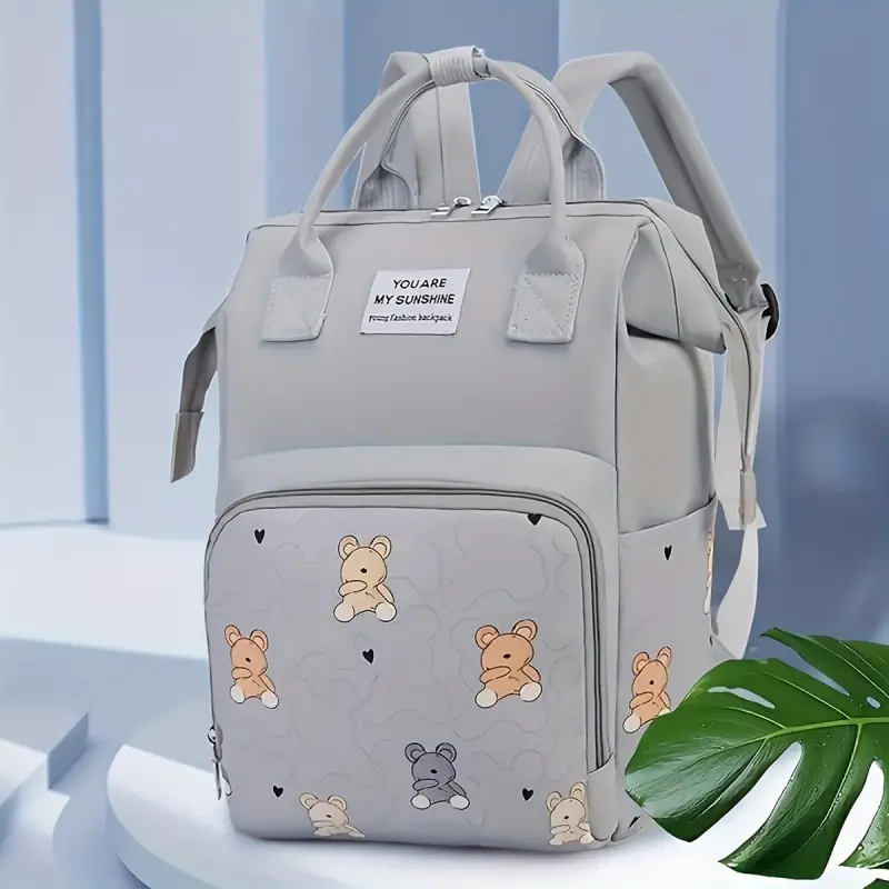 Universal Travel Mommy Backpack Cute Bear Design - Soft Shell Polyester Diaper with Practical Pockets Ideal Pregnant Women Care Compatible with Strollers Diaper Backpack