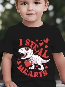Boys' Cotton Fitted Short-Sleeve T-Shirt - Crew Neck, Slight Stretch, "I STEAL HEARTS" Cartoon Dinosaur Holding Heart Print, Casual Summer Kids' Top