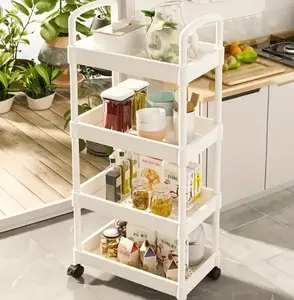 Multi Functional 3/4 Layer Plastic Storage Vehicle With 4 Hooks - Easy To Assemble, Suitable For Snacks, Cosmetics, And Toys - Lightweight Design, Suitable For Bedroom, Living Room, Bathroom Cleaning