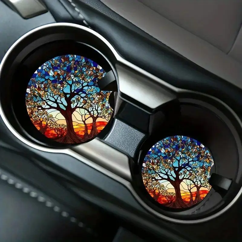 Tree Pattern Car Coasters, Round Anti-slip Car Cup Holder Pad, Car Interior Decoration Accessories for Women & Men, Decal, Automotive, Car Accessory,