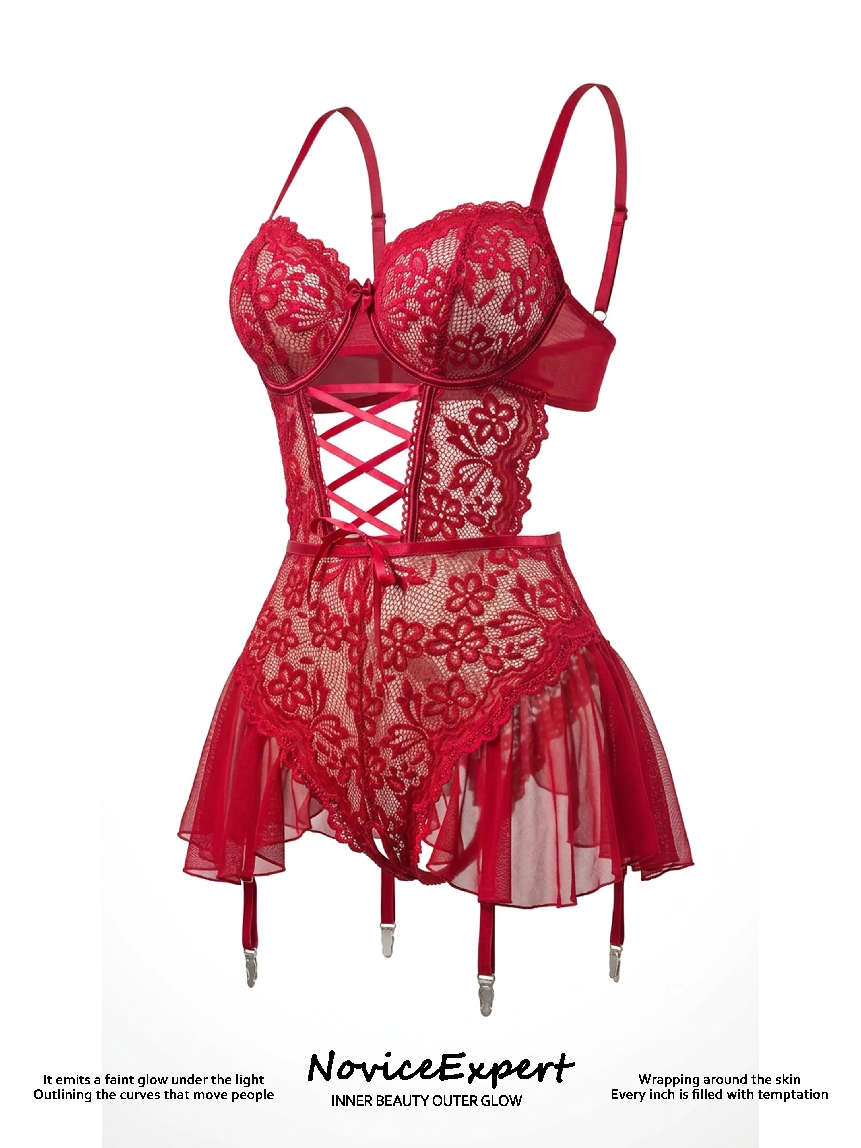 Women's Floral Lace Corset Lingerie Set, 3 Piece Underwire Garter Set with Stockings Included, Romantic Nightwear