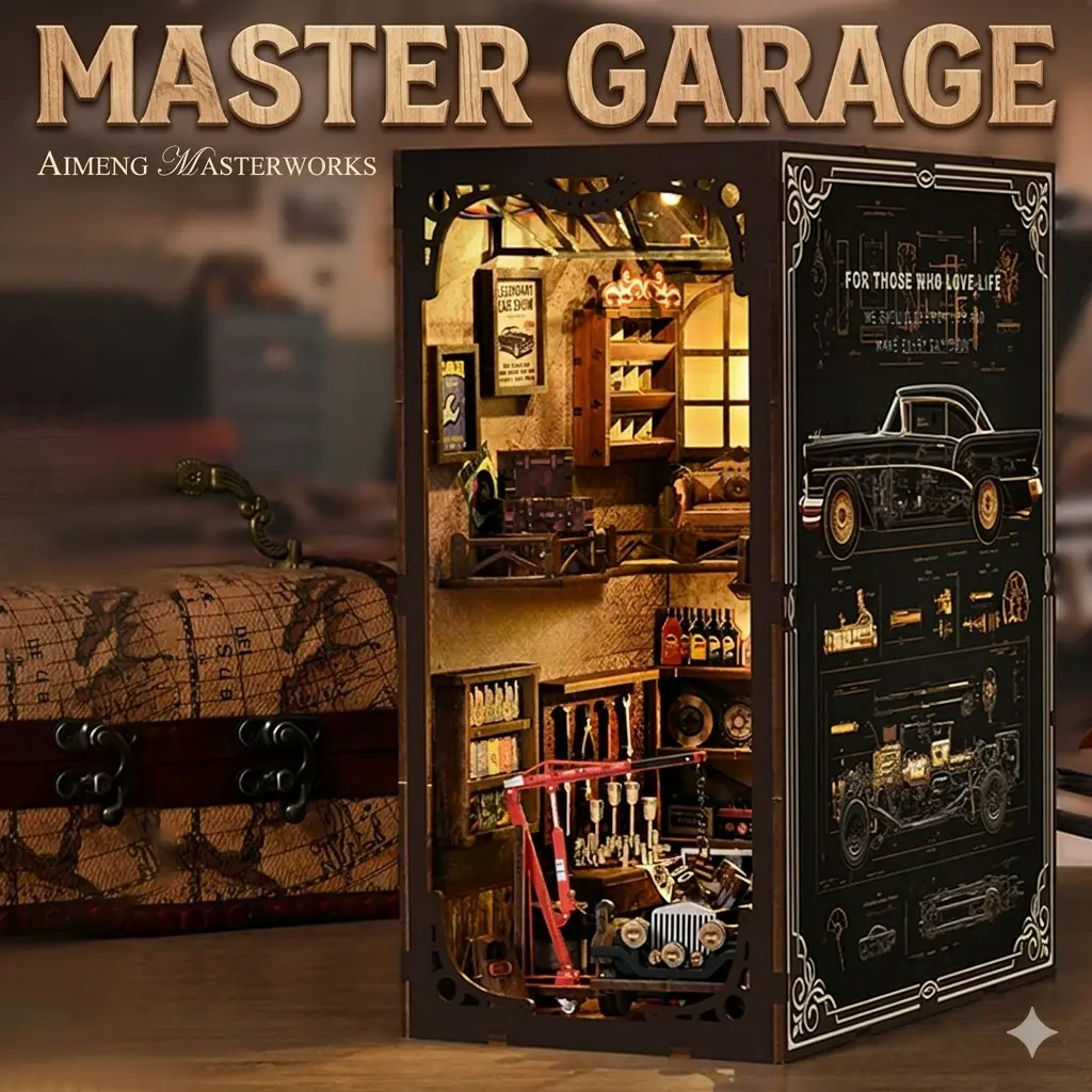 Vintage Garage DIY Book Nook Kit with LED Light, 3D Wooden Diorama Miniature House, Retro Bookshelf Insert Decor Desk Ornament, Diy Building Model, Diy Collectible Model