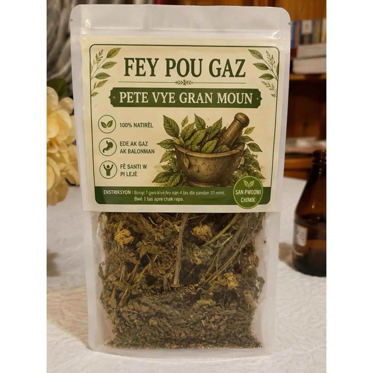 Fey Pou Gaz Pete Vye Gran Moun 100% Natural Herbal Blend for Adult Use San Pwodui Chimik