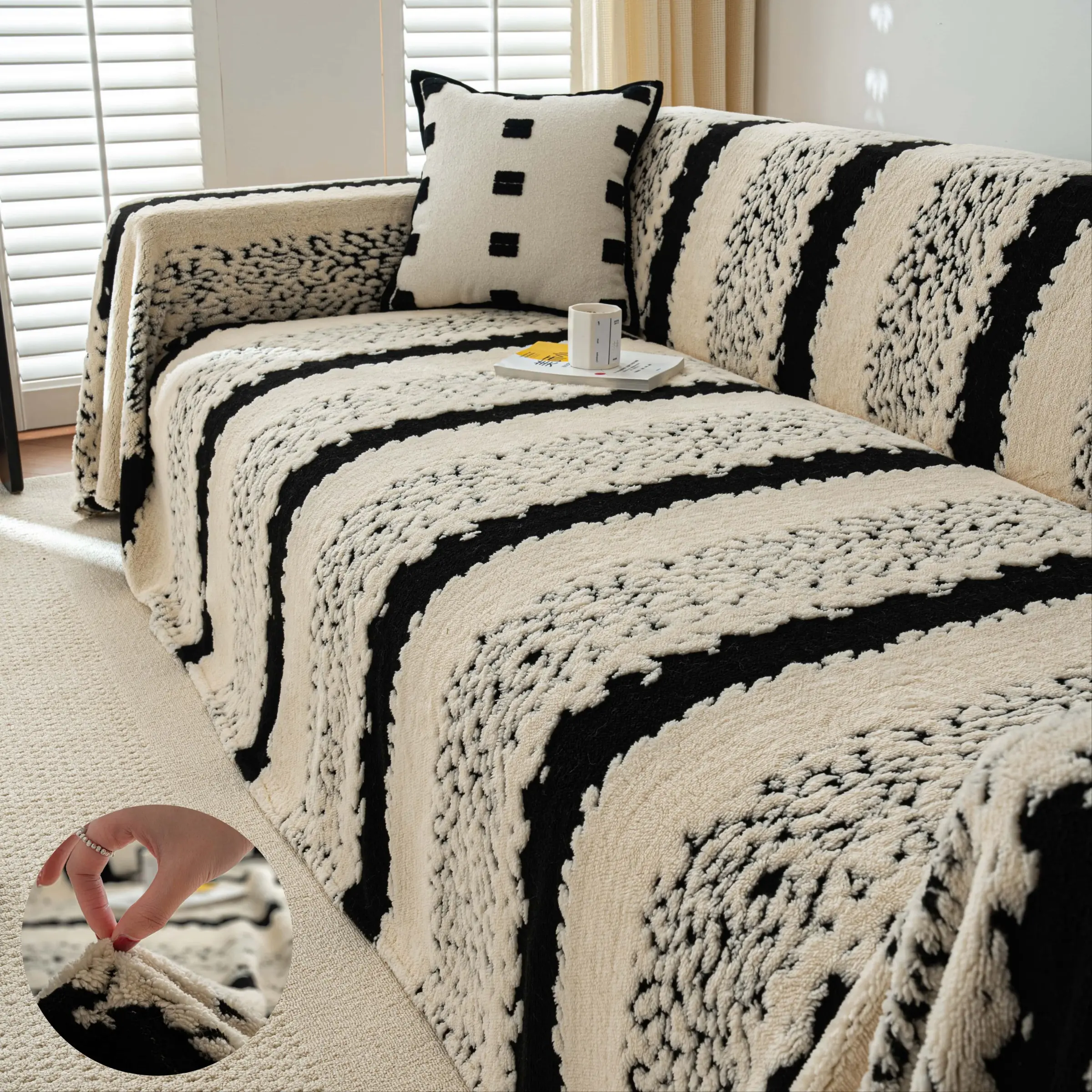 1PC Boho Textured Sofa Couch Covers – Sofa Slipcover Decorative Couch Cover, Sofa Cover Waterproof, Couch Protectors for All Seasons, Pet-Friendly & Machine Washable, Non-Slip Woven Sofa Protector for Living Room, Bedroom, Office or Apartment Use