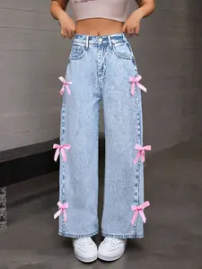 Fashion Side Bowknot Decorated Loose Fit Denim Jeans Pants Elastic Back Waist, Cute Fashion, Long Floral Pattern, All Seasons, Batch Number 2024.1001