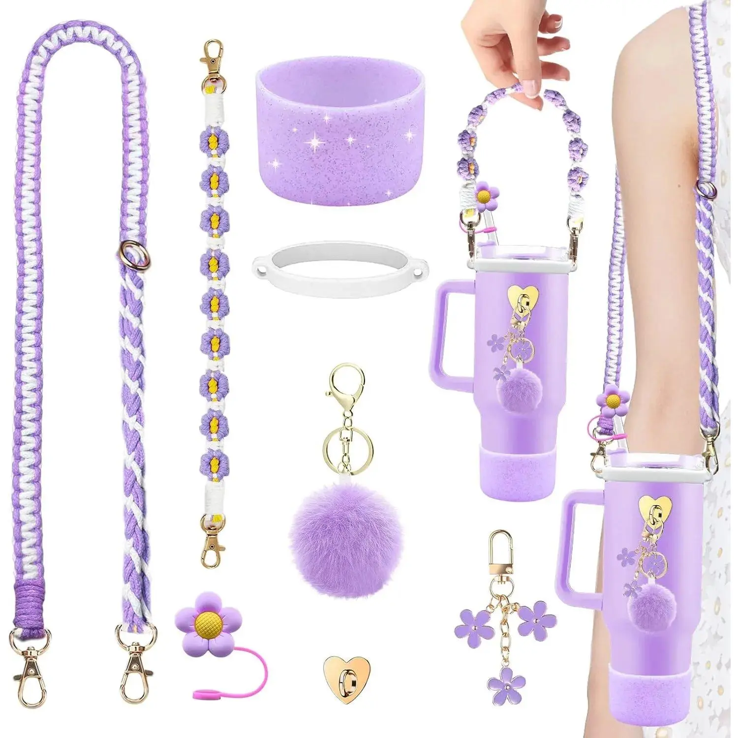 Stanley Cup Accessories Set Including Adjustable Water Bottle Shoulder & Handle Strap, Glitter Silicone Protective Boot, Silicone Straw Topper Cover, Cute Charms for Stanley 30oz 40oz Tumbler (Purple)