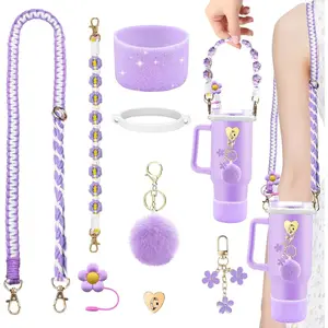 Stanley Cup Accessories Set Including Adjustable Water Bottle Shoulder & Handle Strap, Glitter Silicone Protective Boot, Silicone Straw Topper Cover, Cute Charms for Stanley 30oz 40oz Tumbler (Purple)