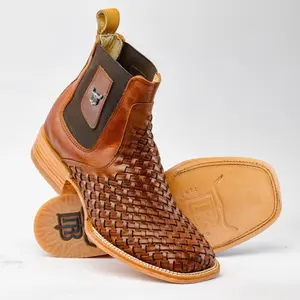 Men’s Tan Basketweave Botin Leather Boots - Square Toe