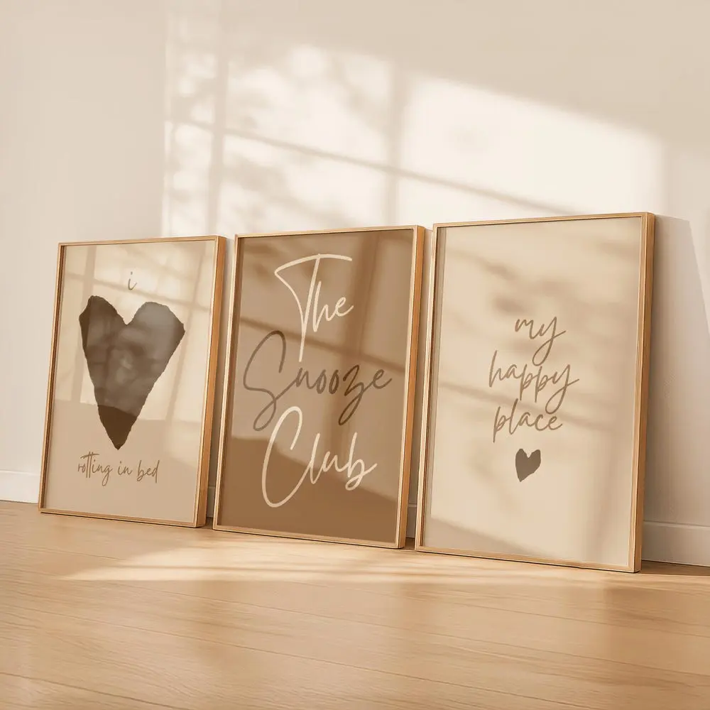Mocha Bedroom Wall Art Set of 3 | Neutral Cozy Wall Decor | Snooze Club Prints | Brown Beige Wall Art | Digital Download