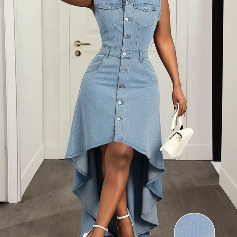 Women's Light Blue Sleeveless Lapel Denim Dress, Summer Single-Breasted Waisted High-Low Hem Denim Maxi Dress