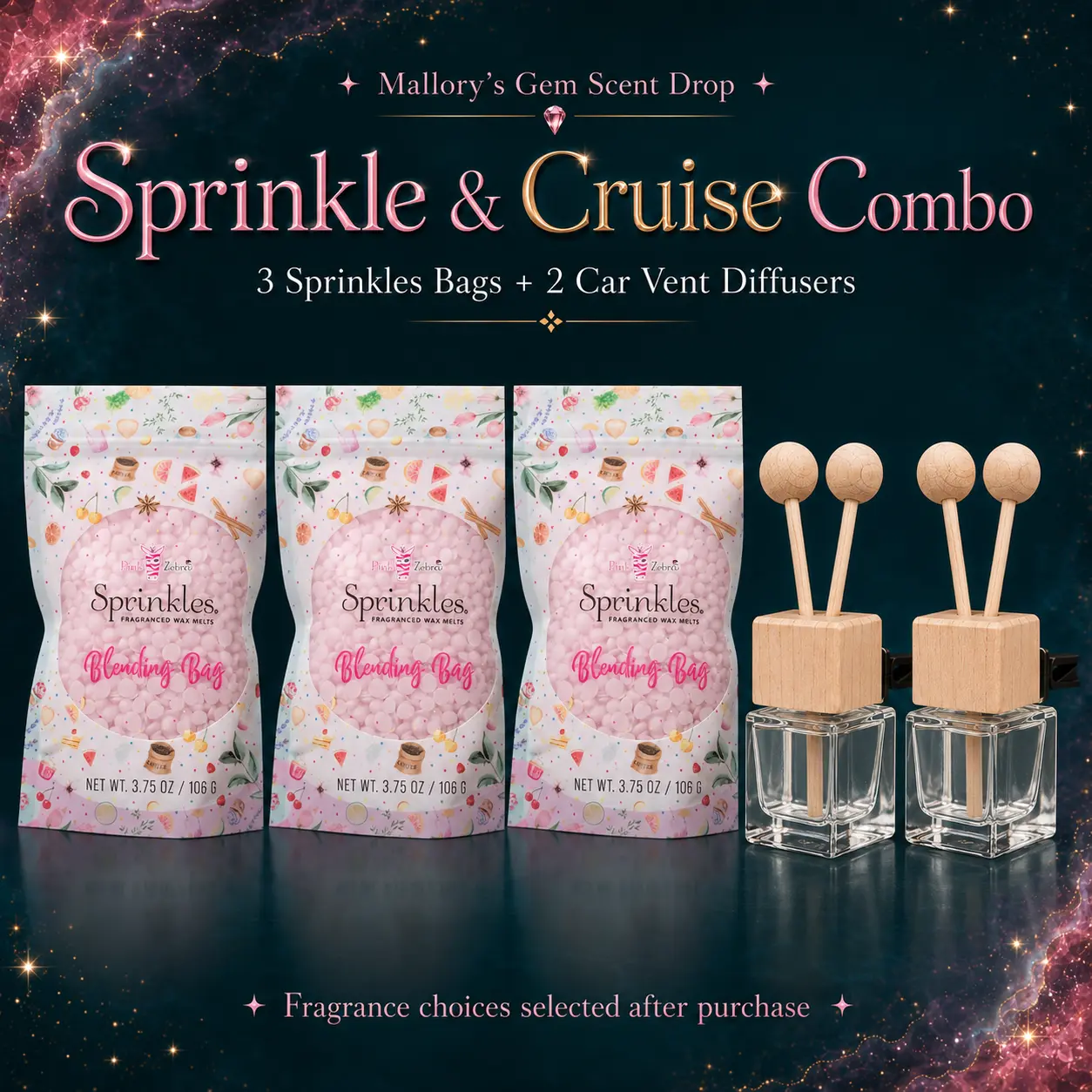 Sprinkle & Cruise Combo — 3 Sprinkles Bags + 2 Car Vent Reed Diffusers