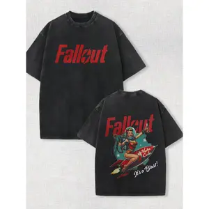 Fallout Vintage Washed Black Tee Double Sided Retro Pin Up Rocket Girl Graphic Unisex Oversized 100 Cotton Breathable Short Sleeve Top Trendy Streetwear Casual Daily Outfit Gift for Retro Game Lovers