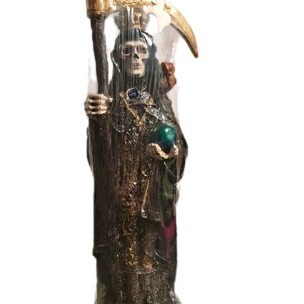 13 inch HEM Santamuerte Statuewith Crown, Death Statue with Skull Design, Gold and Green Accents, Decorative Figurine for Home Decor