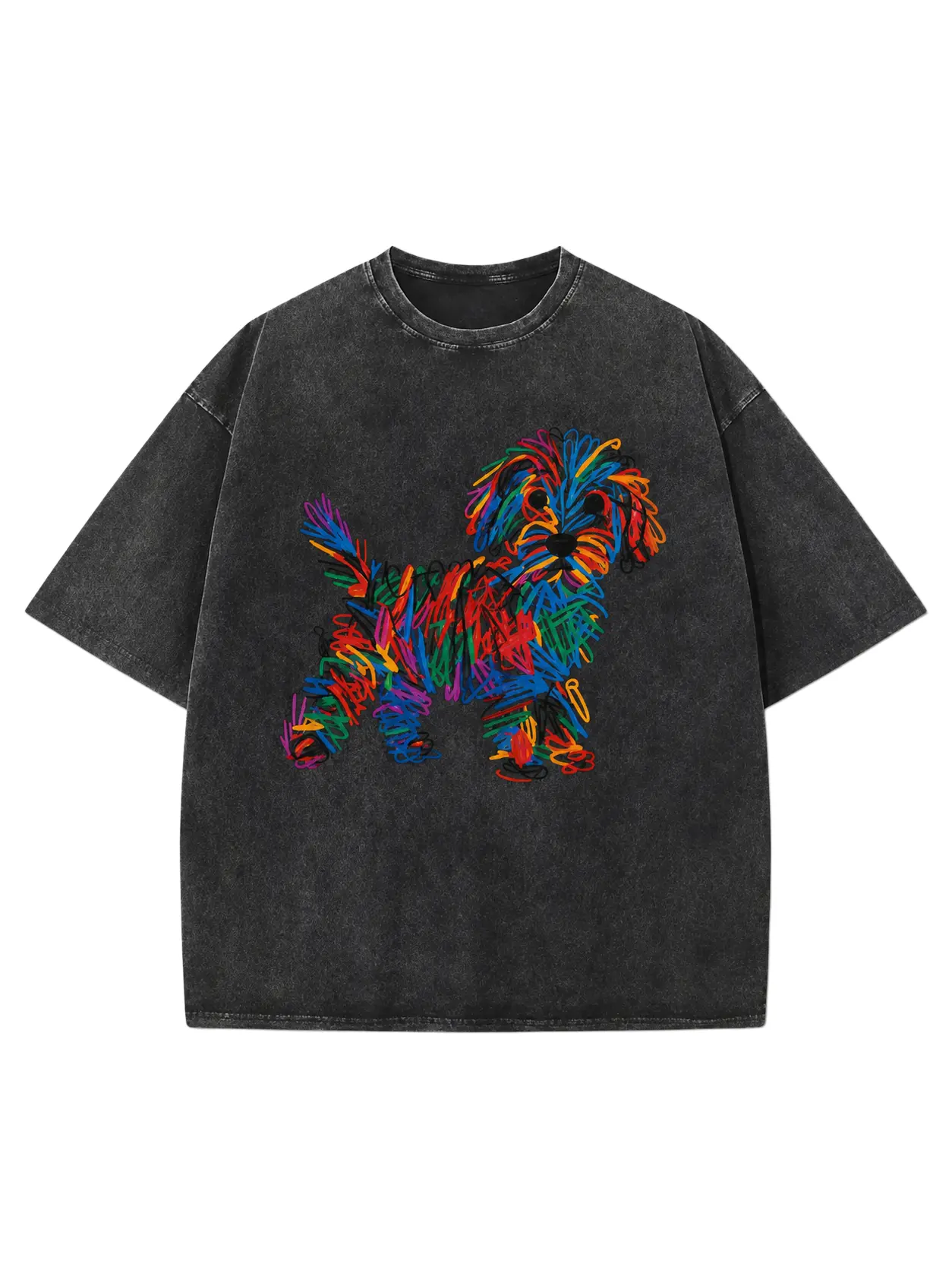 Men's 100% Cotton Oversized Short-Sleeve T-Shirt - Vintage Washed Garment with Colorful Scribble Maltipoo Puppy Art, Casual Unisex Dog Lover Graphic Streetwear Top for Cargo Outfits & Sneaker Pairing