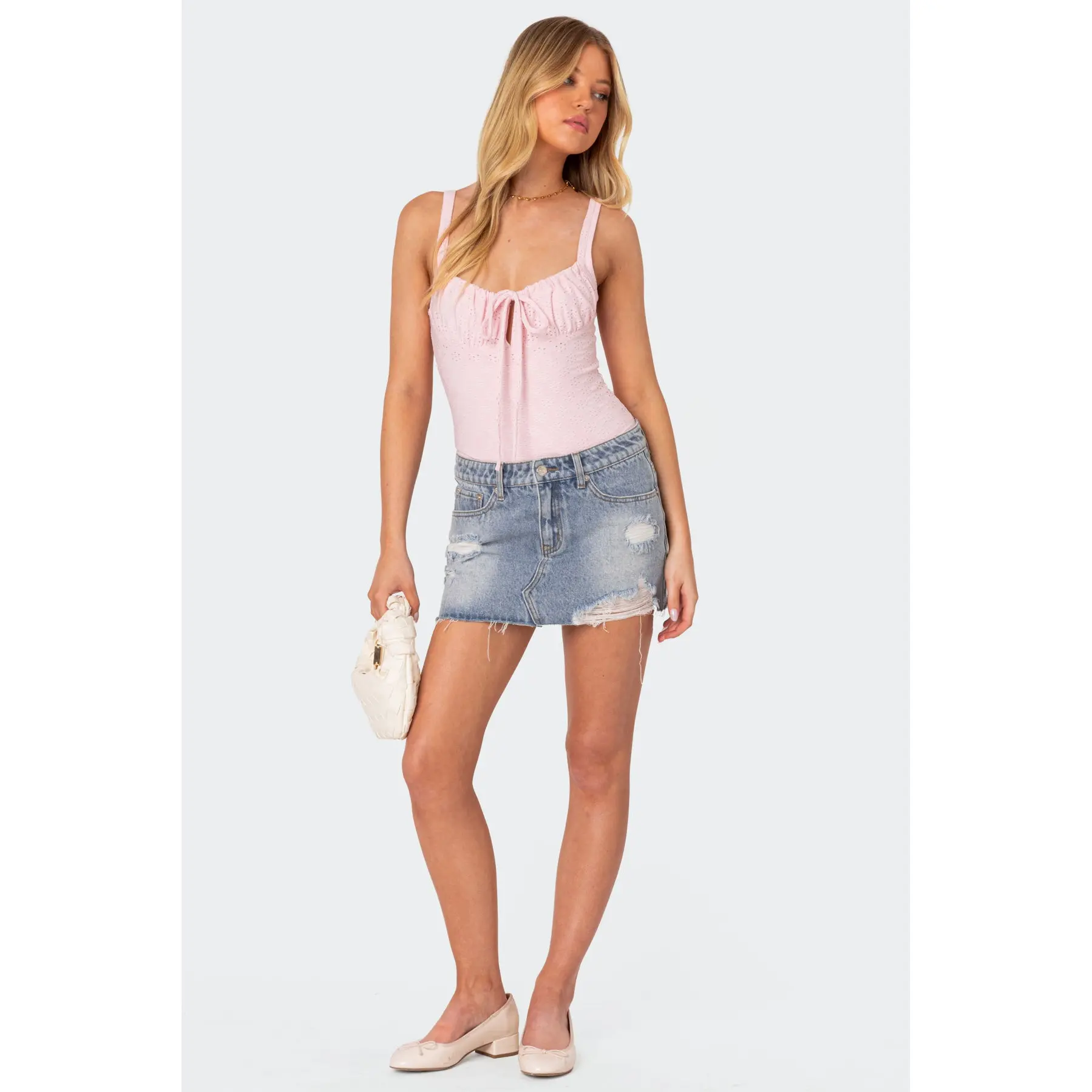 Ginnie Low Rise Distressed Denim Mini Skirt
