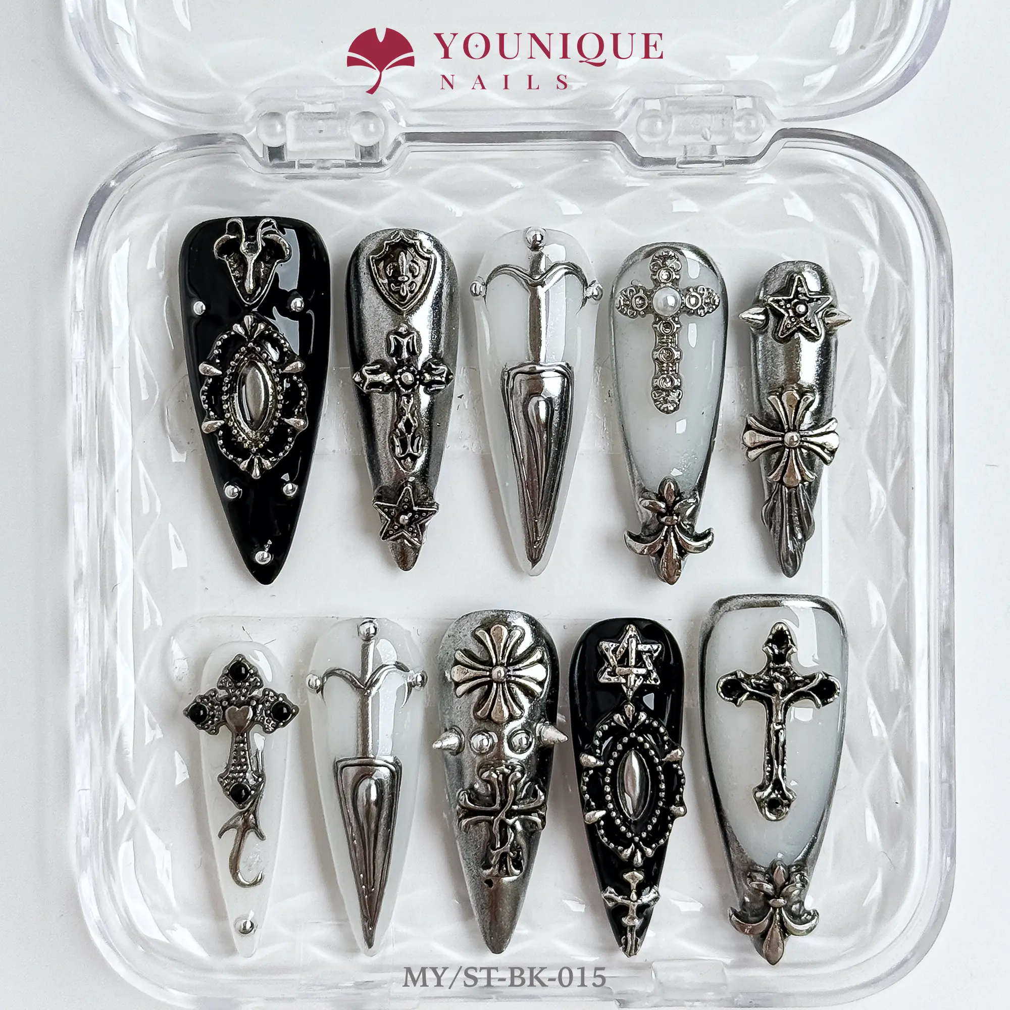 Younique Nails  | 10PCS 100% Handmade Press-On Nails | Reusable Colorful Art Glossy Design Acrylic Luxury Long Lasting 3D Stylish Office Wear Floral Embellished Rhinestone salon-quality