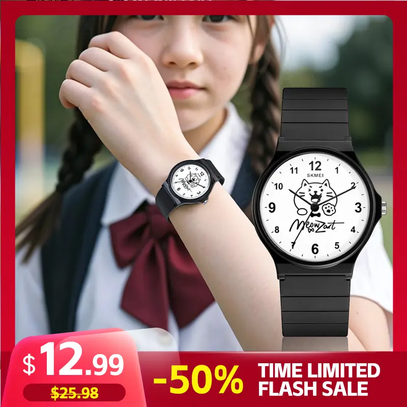 SKMEI x MEOWZART Women's Analog Casual Quartz Watch - 34MM Round Face, 3ATM (30M - 50M) Water Resistant, 21g Lightweight, Soft TPU Strap with Clasp, Simple Fashion Watches for Women Student Accessory, Water Resistant Watch