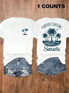 Retro "Forever Chasing Sunsets" Palm Tree Beach Graphic T-Shirt, Vintage Sunset Ocean Print OversizedCrew Neck Tee, Women's Short SleeveStreetwear Cotton Top, Trendy Summer Vacation Aesthetic Shirt for Beach Lovers, Travel EnthusiastsandCasual Outfit Fans